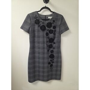 Calvin Klein Women's Plaid Sheath Dress Black Gray Floral‎ Appliqué Size 10